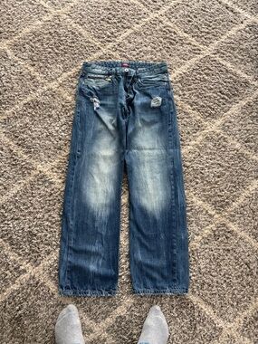Sean John Relaxed Wide-Leg Distressed Blue Jeans